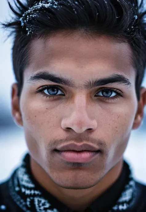 Portrait Photography, a young man, Aboriginal, sharp detailing, masterpiece, sharp focus face, half face in shadow, high contrast, vibrant colors, dramatic, folk, Finland, frost, the Dreamtime, sharp focus on eyes, round pupils, round iris