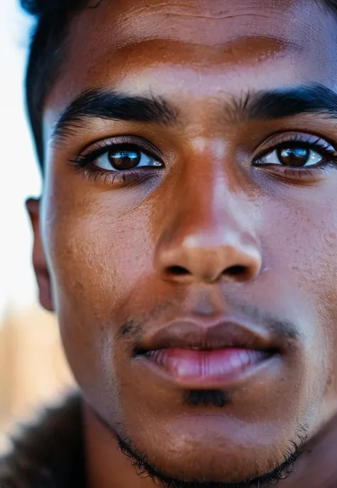 Portrait Photography, a young man, Aboriginal, sharp detailing, masterpiece, sharp focus face, half face in shadow, high contrast, vibrant colors, dramatic, folk, Finland, frost, the Dreamtime, sharp focus on eyes, round pupils, round iris