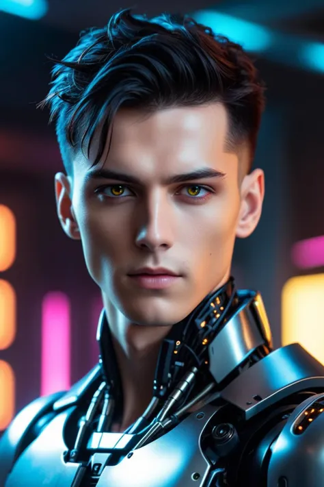 epic cyberpunk android young male model robot, (perfectly-lit, crisp focus, absurdres, 8k UHD, HDR, vivid color, depth of field, contrast, clarity, balance)