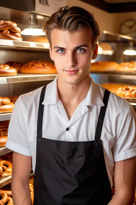 arafed man in apron standing in front of a bakery shelf