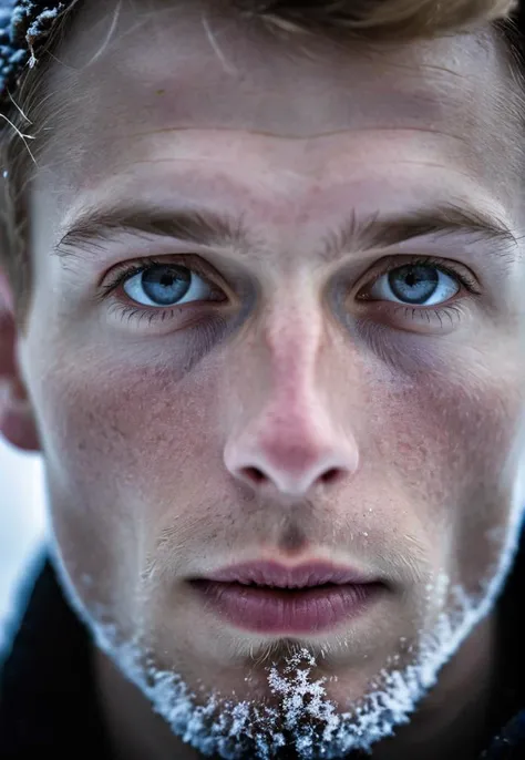 face Portrait photography, a young thin man, finland, sharp detailing, masterpiece, sharp focus face, half face in dark shadow, high contrast, vibrant colors, folk, fertility, lust, Häme, beech tree, frost, mystical, magical, motion, movement, flowing, spe...