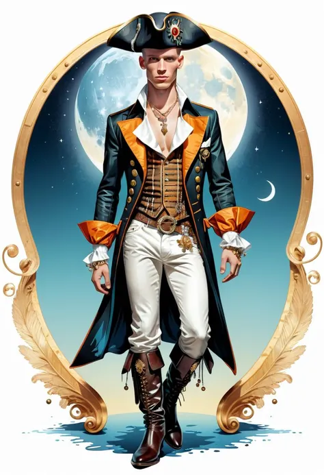 sticker of a cute skinny young male pirate, digital illustration, Warner Bros Looney Tunes, elaborate clothing, elaborate boots, sexy, bling, jewellery, lavish, dandy, embroidered, luxury, expensive, perfect anatomy, perfect face, butt showing aestheticall...