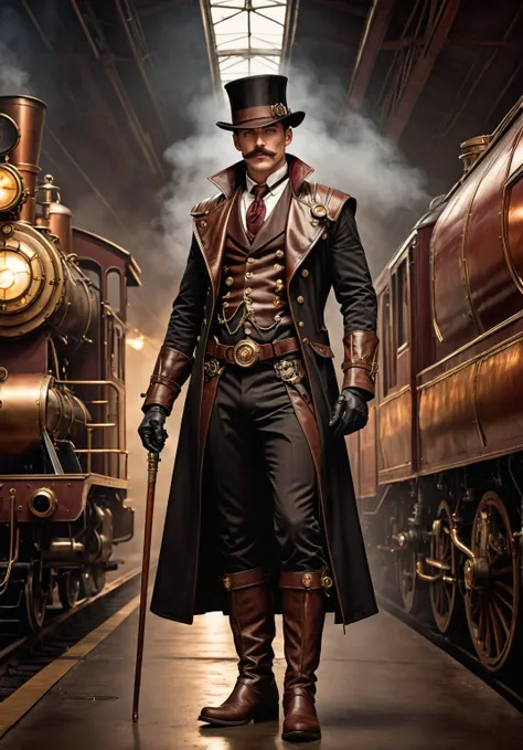 arafed man in a top hat and coat standing in front of a train