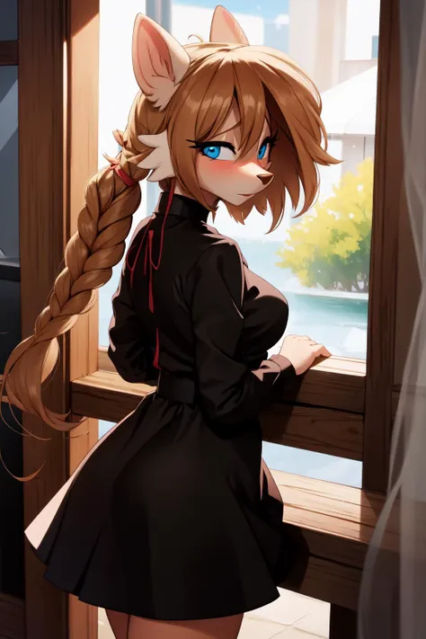 anime girl with long hair and blue eyes looking out a window