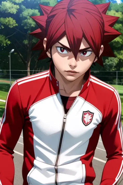 (best quality:1.1), (masterpiece:1.4), game cg, , , depth of field, , (realistic:1.4), 1boy, solo, male focus, <lora:shoukichi_naruko:0.82>, shoukichi_naruko, red hair, red eyes, spiked hair, track jacket, , time travel,