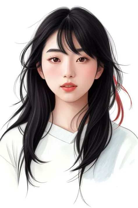 pencil Sketch of a beautiful japanese woman 25 years old, with black hair, messy hair, alluring, portrait by Charles Miano, ink drawing, illustrative art, soft lighting, detailed, more Flowing rhythm, elegant, low contrast, add soft blur with thin line, fu...