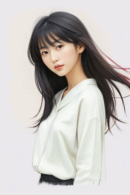 pencil Sketch of a beautiful japanese woman 25 years old, with black hair, messy hair, alluring, portrait by Charles Miano, ink drawing, illustrative art, soft lighting, detailed, more Flowing rhythm, elegant, low contrast, add soft blur with thin line, fu...