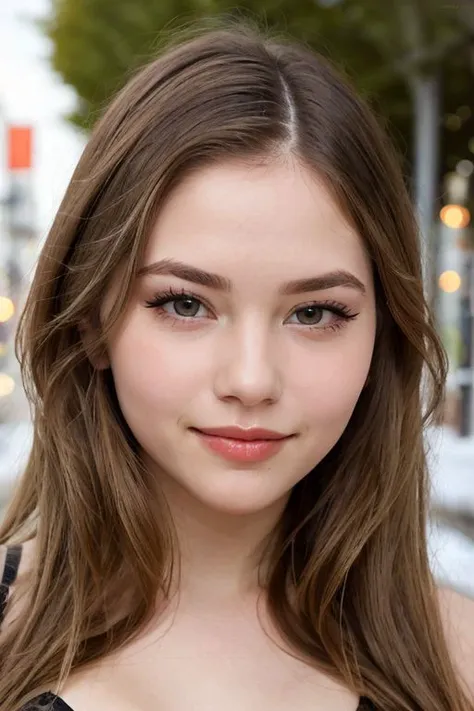 a close up of a young woman with long hair and a black top