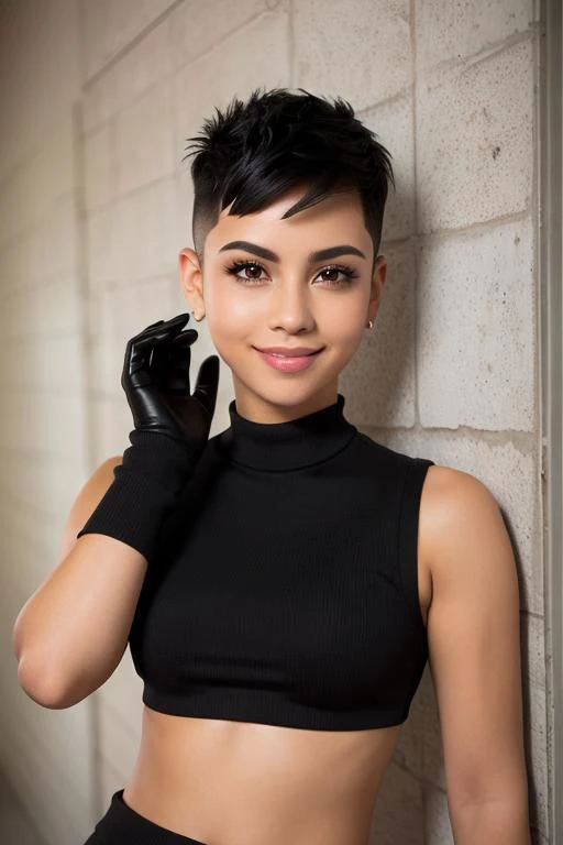 spiky bald hairstyle, short hair, mexican skin, gloves, crop top military, 1girl ,dark black hair, ((hair cut super short,)), soft Brown eyes, smile lips,