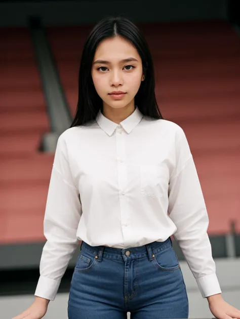 a woman in a white shirt and jeans posing for a picture