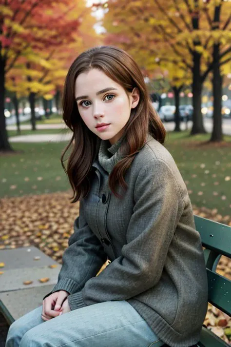 beautiful woman, sitting on a park  bench in autumn clothing, avoiding eye contact with the camera, masterpiece, 8k resolution