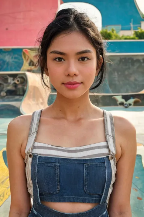 a close up of a woman in a denim dress standing near a skateboard