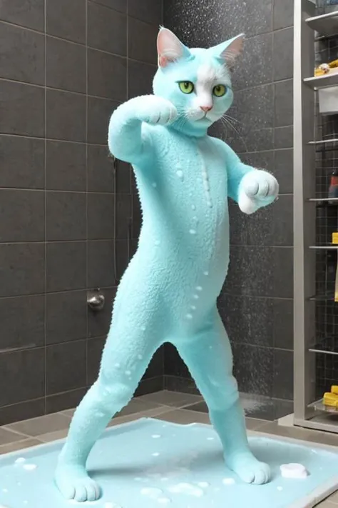 A cat dancing covered in soapy suds,