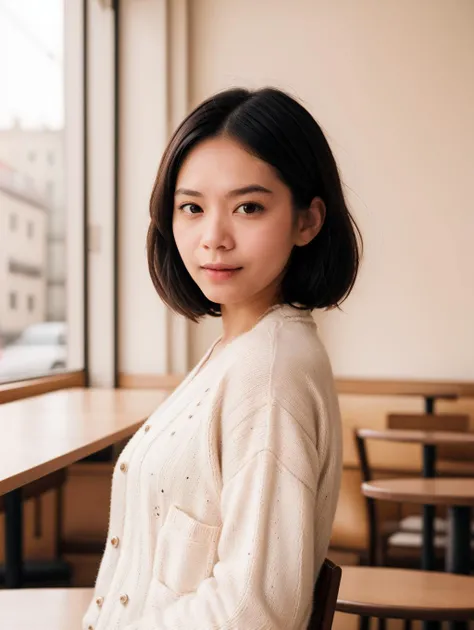 a girl, black eyes, ((southeast asian woman)), ((bob hair)), (Knit_cardigan:1.4),(Printed_midi_skirt:1.3),(Slip-on_sneakers:1.2),(Cozy_café_background:1.4), cafe terrace, outdoor seating, aromatic coffee, socializing,overlooking,light exposure,depth of fie...