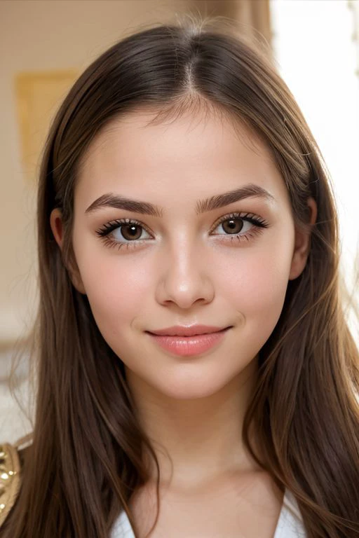 a close up of a young woman with long hair and a white shirt