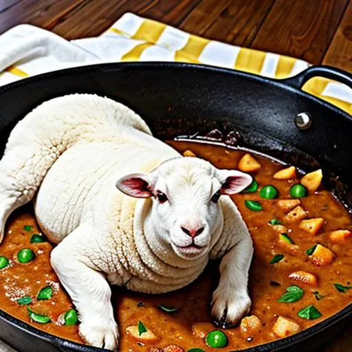 araffe laying in a skillet of stew with peas and carrots