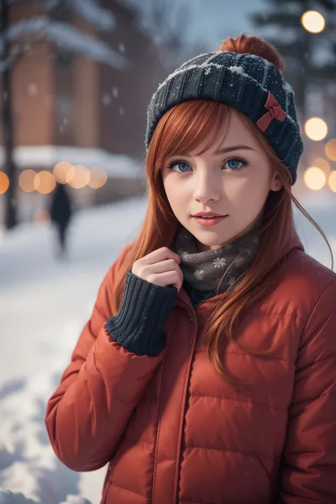 young redhead woman outside in the snow, bokeh, motion blur