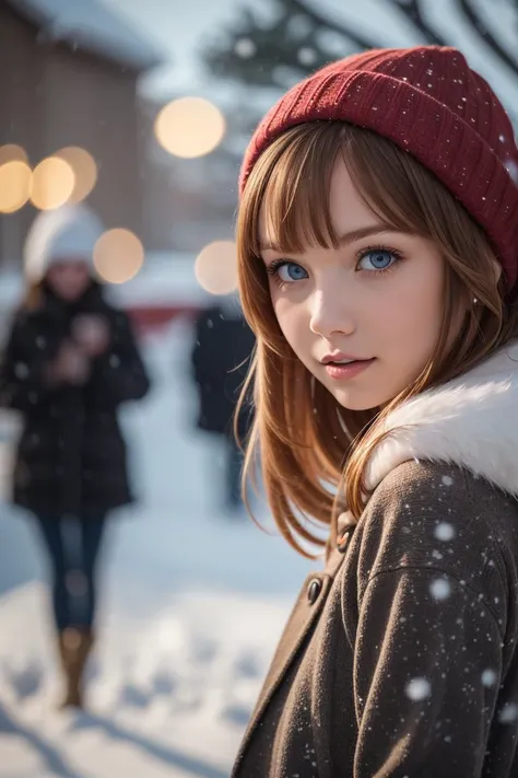 young redhead woman outside in the snow, bokeh, motion blur