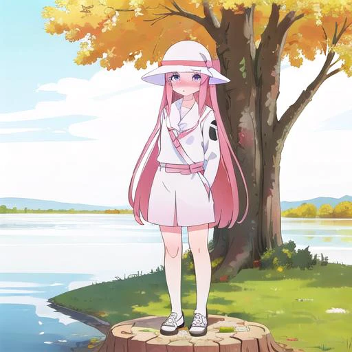 anime girl standing on a stump in front of a lake