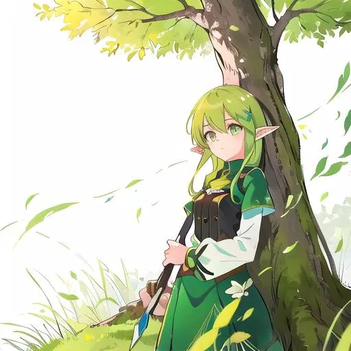 anime girl with green hair and green dress standing in front of a tree