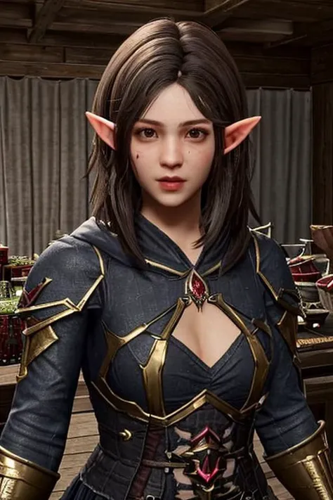 unreal engine render, Ray Tracing, ultra quality, 1girl, korean cute face, elf, hunter, immersive hair, wearing  fantasy bard clothes, video game background, ultra texture, upperbody, realtime positional lighting, mmorpg, inside tavern inn, realtime render...