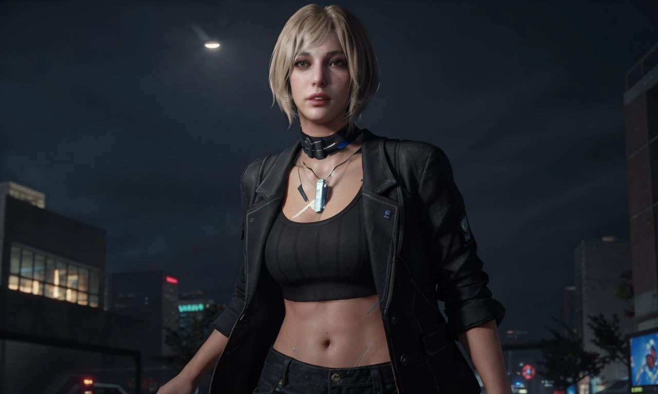 Ashley graham, resident evil 4, masterpiece,best quality, 1girl, (cyberpunk outfit), cargo pants, cropped short jacket, clevage, blonde hair, third person shooter gameplay, in night town, upperbody shot  <lora:Unreal Engine Render:0.6> unreal engine render...