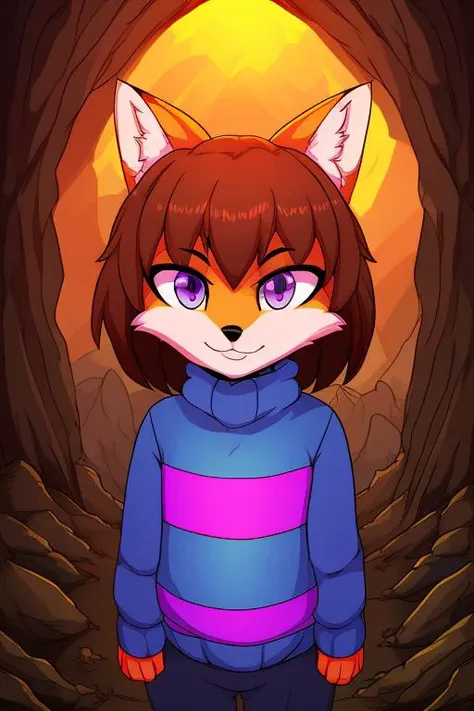 <lora:HorokusaKitsune-LoCon32:0.45>, fox,  front view, (cowboy shot), ((full height)), (fox tail), fox ears,
 <lora:ChumpyChoo_Char_Frisk:0.85>, frisk, frisk (undertale), striped shirt, cave, (high quality:1.2), masterpiece, detailed, highres, 4k, sharp fo...