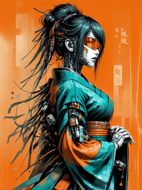 cyberpunk woman wearing a kimono, (mad-cbrpnksplshrt:1.4), <lora:Splash_Art_SDXL:1.3>  orange background, (masterpiece:1.2), best quality