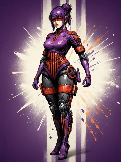 woman, mad-cbrpnksplshrt, dynamic pose<lora:Splash_Art_SDXL:1.2> purple and red and black, Hands on hips pose, striped background,, (masterpiece:1.2), best quality