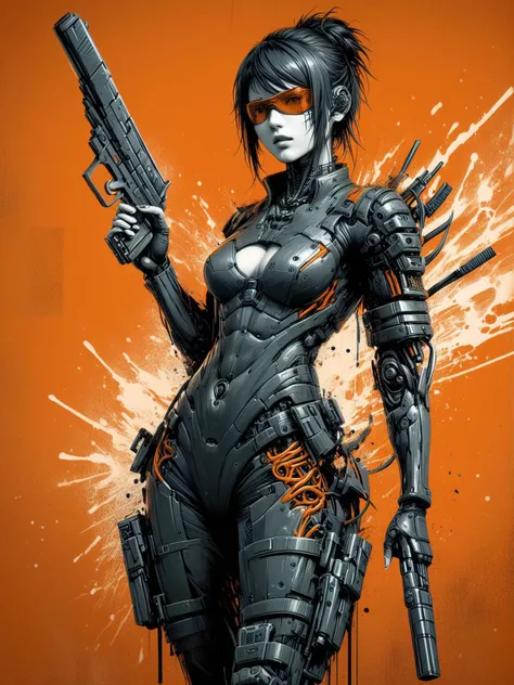 woman standing holding gun, mad-cbrpnksplshrt <lora:Splash_Art_SDXL:1.2> orange background,, (masterpiece:1.2), best quality