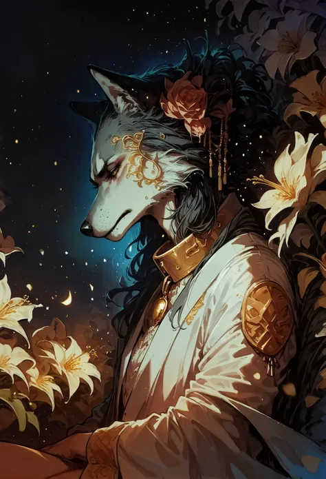 score_9, score_8_up, score_7_up,  wolf, side view, sitting, opal, bright particles, darkness, gloom, golden cherry blossom tones, Japanese aesthetic, lilies, explosive bright particles in the form of sparks of light, gold collar, black theme, black backgro...