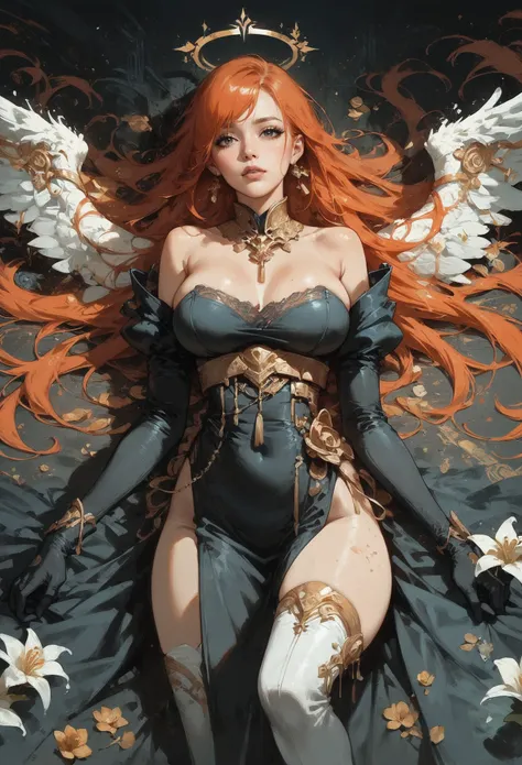 score_9, score_8_up, score_7_up,    1girl, angel, red hair, long hair, laying, posing, black dress, opal, large breasts, looking at viewer, white angel wings, feather wings, bright particles, darkness, gloom, black lace gloves, golden cherry blossom tones,...