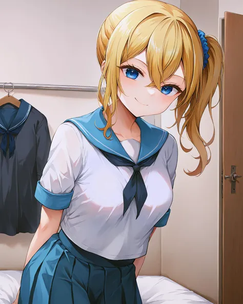 anime girl in uniform standing in front of a bed with a blue bow