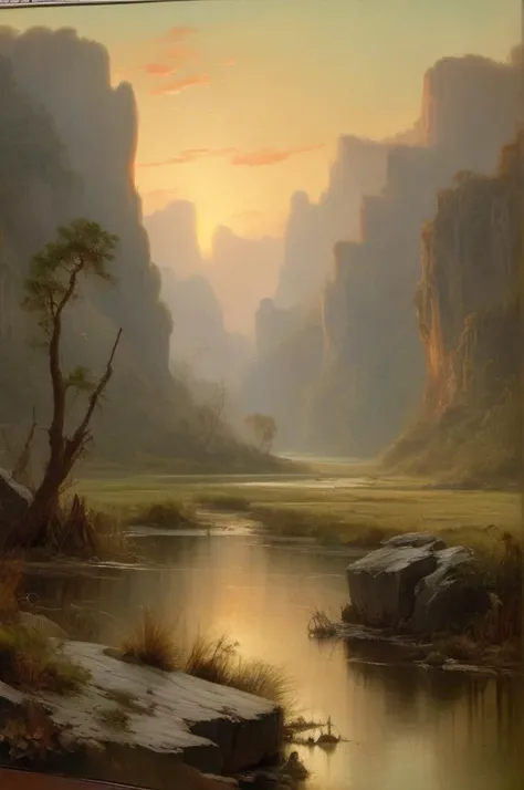 <lora:Sophie Gengembre Anderson Style:1> Sophie Gengembre Anderson Style , painting of swamp valley surrounded by high rocky cliffs, dawn,