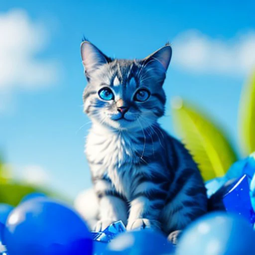 cat made of blue glass, blurry background is a heaven with clouds, sunny heaven, detailed glow, grin, cute