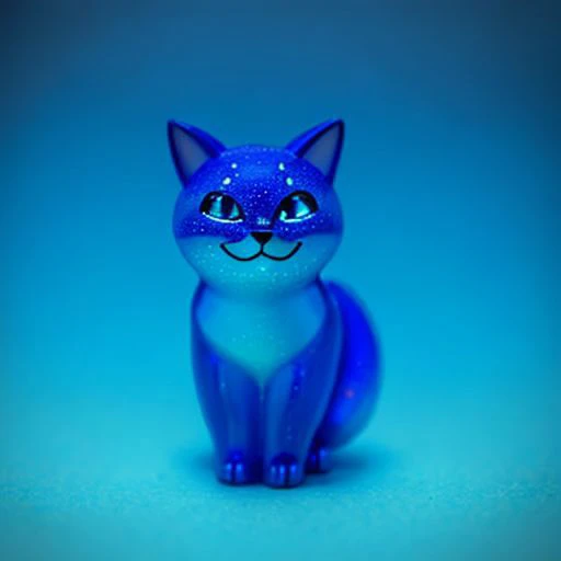 Mechanical cat made of blue glass, blurred background is a heaven with clouds, sunny heaven, detailed glow, grin, cute