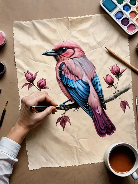 realistic, best quality, high res, highly detailed, bird,

(We see a hand drawing a 2d artwork on parchment on a desk:1.95), mauve, pink, soft pastel watercolor,