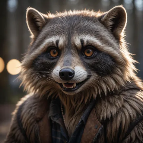 cinematic film still face portrait from an anthro male raccoon, fangs, realistic fur,RAW candid cinema, 16mm, color graded portra 400 film, remarkable color, ultra realistic, textured skin, remarkable detailed pupil shot with cinematic camera, high quality...