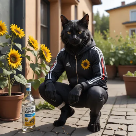 closeup photo anthro black cat gopnik, sport suit, squatting, vodka and  sunflower seeds ,russian street, natural light
