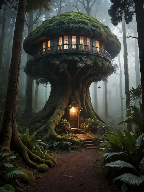 best quality, natural light, high res, highly detailed,

A forest corridor featuring the largest tree in the forest, large and tall. At its base is a house, its lights glowing in the dimness of the tropical forest gloom, lights hang in the air, ethereal an...