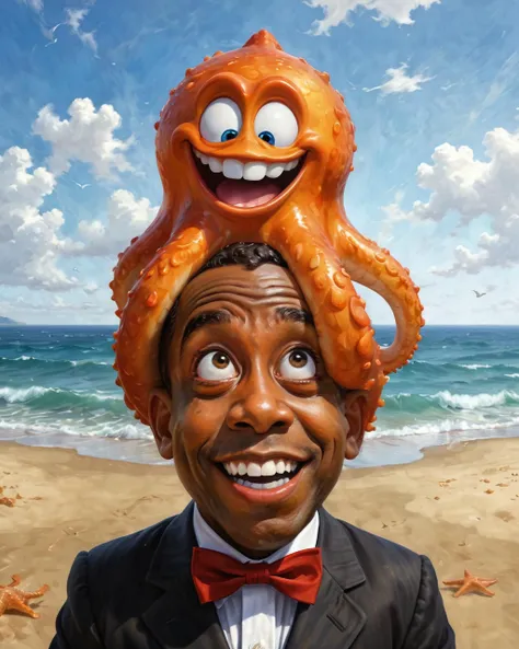 detailed funny classical realism (painting like Bouguereau:1.38) and (Pixar:1.5) style, a happy ((wet)) Louis Armstrong looking up, a happy octopus looking down, suit, bow tie, beach, sand, sea, blue sky,