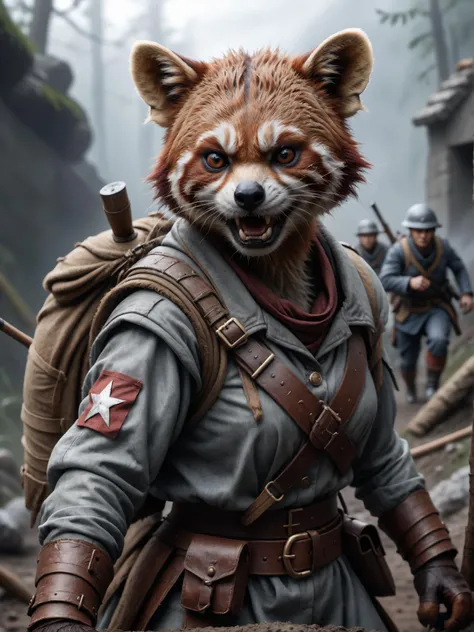 an cute red panda soldier woman is fighting in the trenches of ww1. anger is in her detailed face, fotoreal, detailed, realistic, 8k uhd, high quality