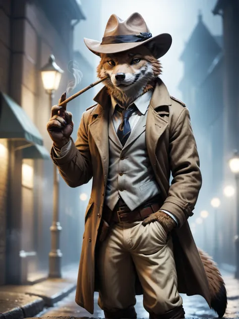 a cute anime male fox wearing a brown detective long coat and a brown fedora, paws, fur. furry, smoking a cigar, nighttime in the city alleyways, angry, smug look, shallow depth of field, vignette, highly detailed, high budget, bokeh, cinemascope, moody, e...