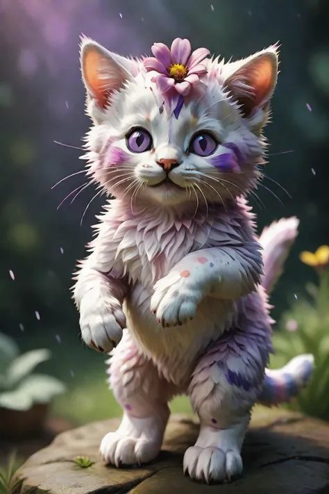 A detailed illustration of a print of a cute colorful baby cat , fantasy flower splashes, modern t-shirt design, Studio Ghibli style, light white, violet and pink pastel tetradic colors, 3D vector art, cute and quirky, art fantasy, watercolor effect, bokeh...