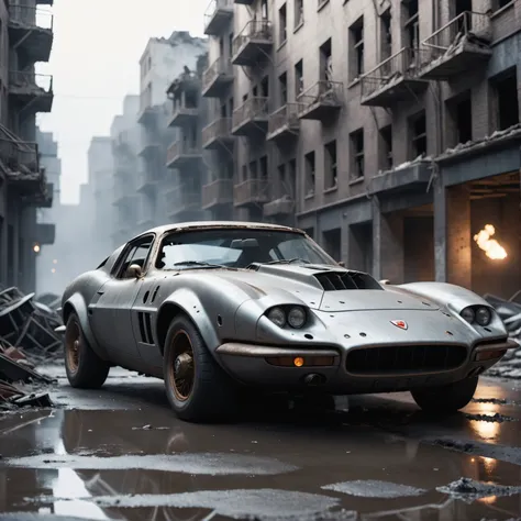 cinematic film still an futuristic cyberpunk, dieselpunk sports car in a destroyed city after an nuclear blast . shallow depth of field, vignette, highly detailed, high budget, bokeh, cinemascope, moody, epic, gorgeous, film grain, grainy, high quality pho...