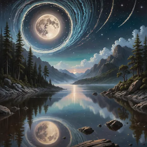 In this mythical night scene, the sky is adorned with a tapestry of celestial wonders. A grand planet dominates the horizon, its iridescent rings casting ethereal shadows against the star-studded canvas. Nebulous wisps of cosmic dust form intricate pattern...