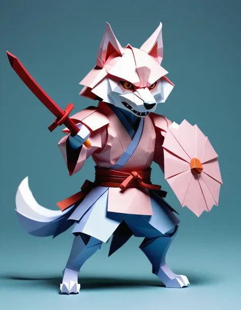 a wrathful samurai wolf is storming the battlefield, origami style, paper sticker, studio lighting, plain background, pastel colors, papercraft