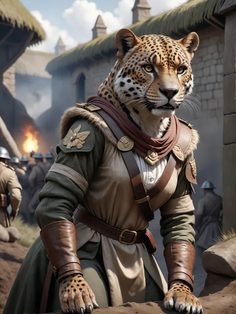 an anthro female jaguar is fighting in the trenches of ww1 , detailed, realistic, 8k uhd, high quality