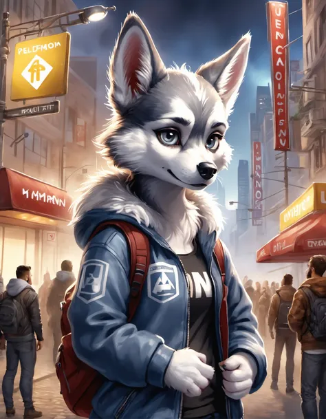 ((detailed (furry1.4) )) husky woman,(( holding sign"please download")) cyberpunk city, cute, funny, centered, award winning watercolor pen illustration, detailed, disney, isometric illustration, drawing, by Stephen Hillenburg, Matt Groening, Albert Uderzo...