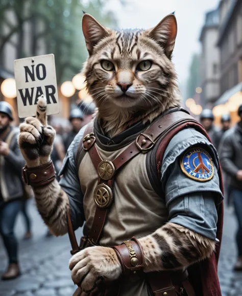 cinematic film still a activist cat male rally, protesting against war, making a peace sign, holding a sign text:("No War") ,paws , shallow depth of field, vignette, highly detailed, high budget, bokeh, cinemascope, moody, epic, gorgeous, film grain, grain...